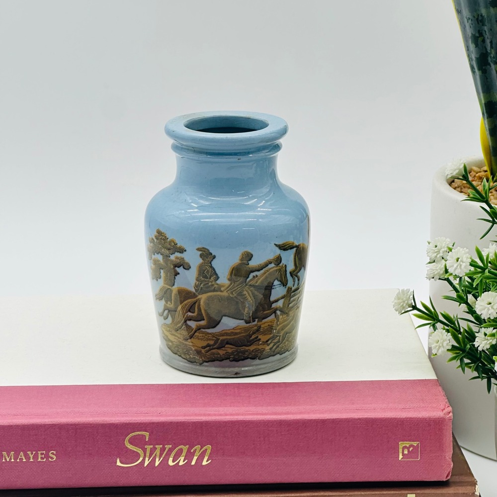 Vintage Prattware Fox Hunt Scene Light Blue Bud Vase English Pottery 4 Inch